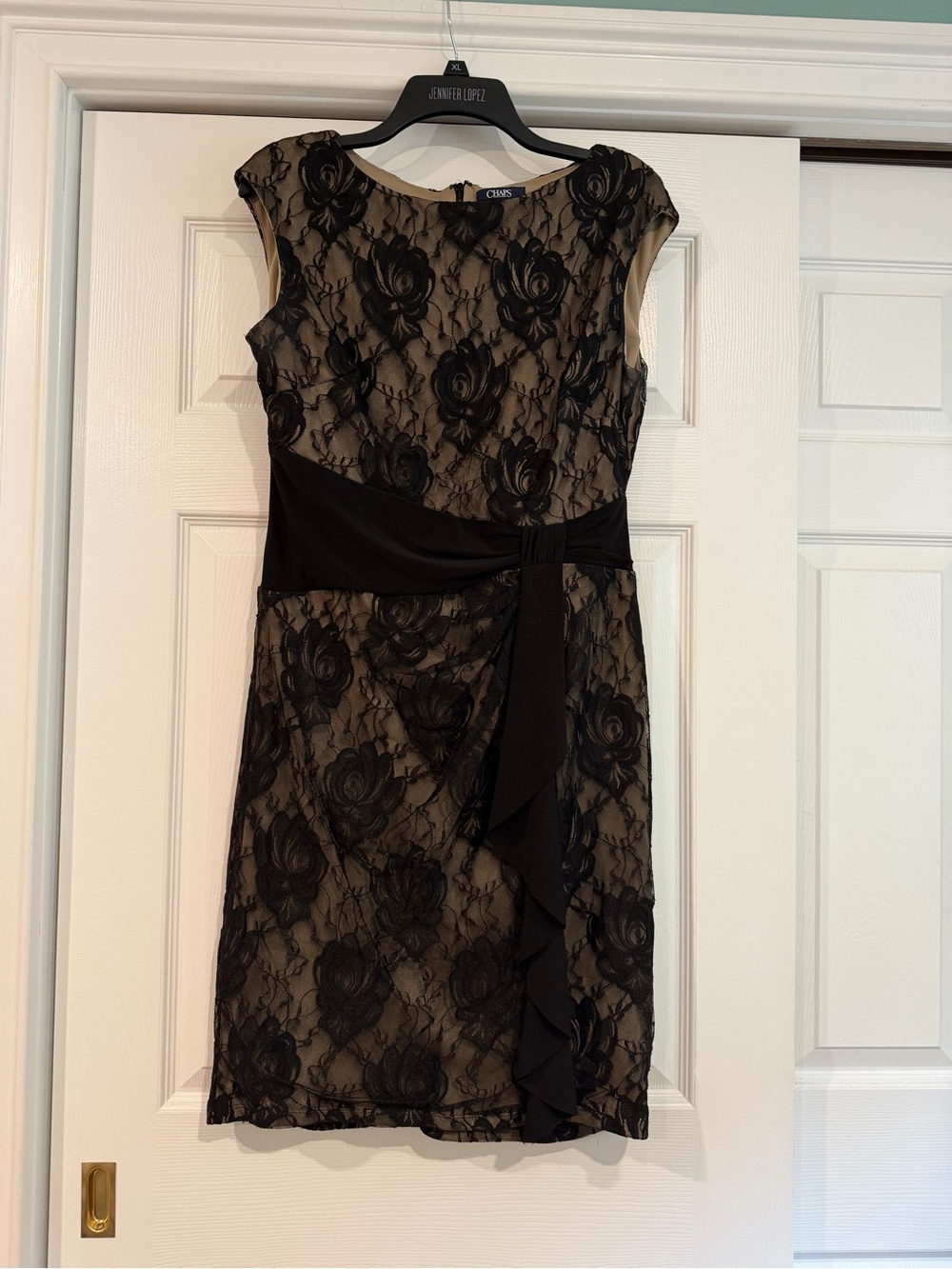 Chaps Black Lace Overlay Midi Dress with Nude Underlayer